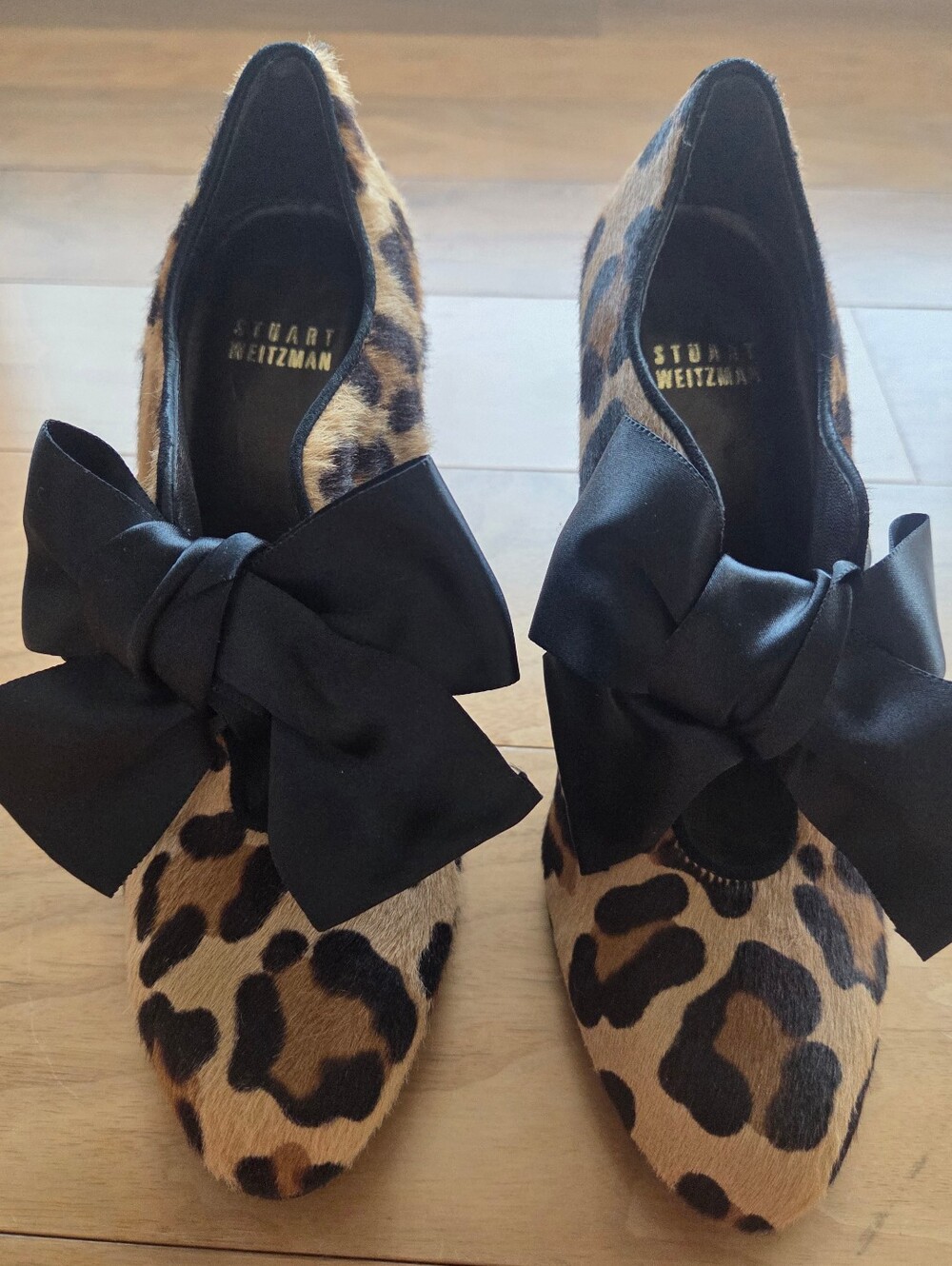 Stuart Weitzman Calf Hair Leopard Print Black Satin Pumps
